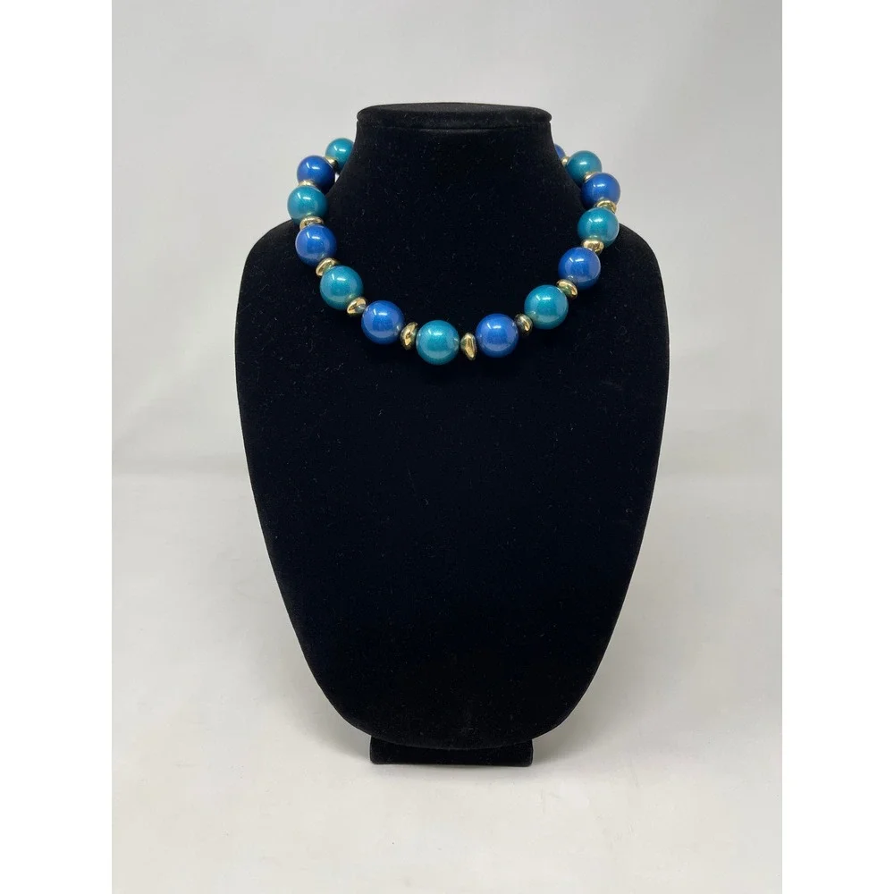 Vintage Chunky Blue Teal Pearlescent Bead Statement Necklace Gold Tone 18 Inch